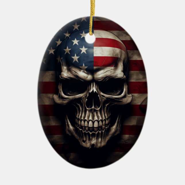 American Flag Skull  Ceramic Ornament (Front)