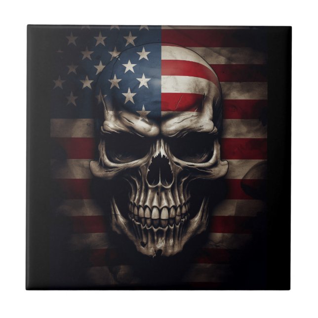 American Flag Skull  Ceramic Tile (Front)