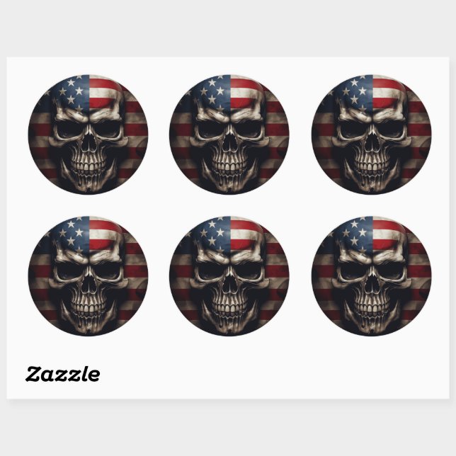 American Flag Skull  Classic Round Sticker (Sheet)