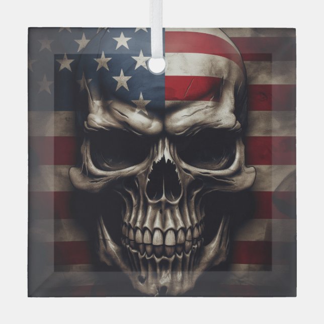 American Flag Skull  Glass Tree Decoration (Front)