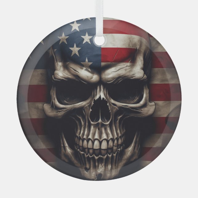 American Flag Skull  Glass Tree Decoration (Front)