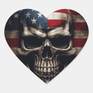 American Flag Skull  Heart Sticker