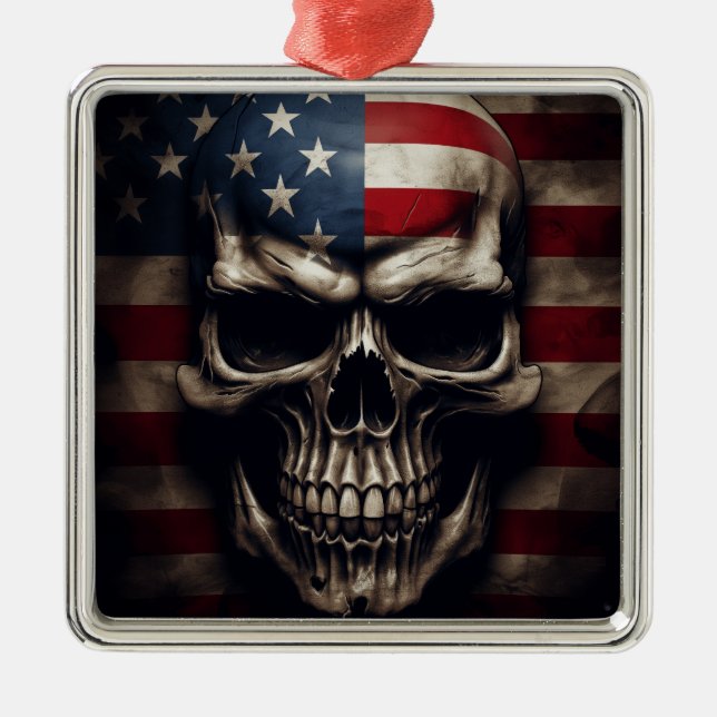 American Flag Skull  Metal Ornament (Front)