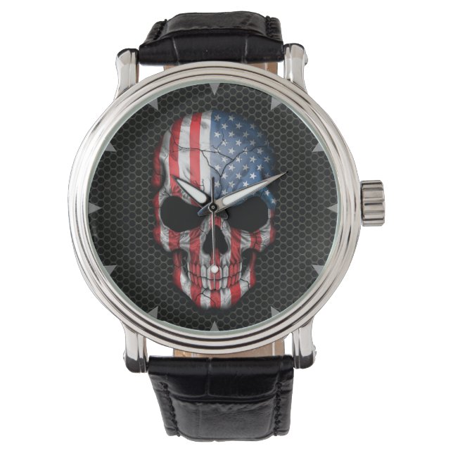 American Flag Skull on Steel Mesh Graphic Watch (Front)