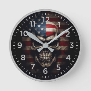 American Flag Skull  Round Clock