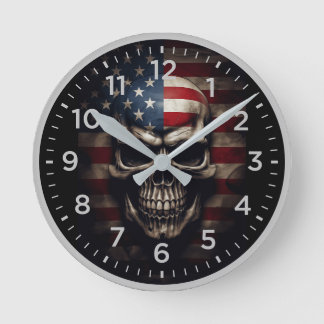 American Flag Skull Round Clock