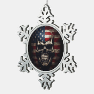American Flag Skull Snowflake Pewter Christmas Ornament