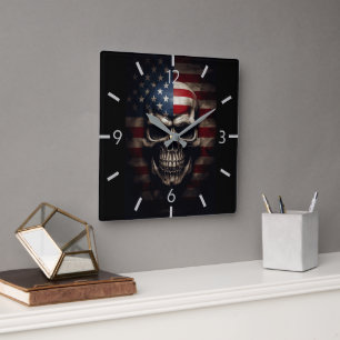 American Flag Skull Square Wall Clock