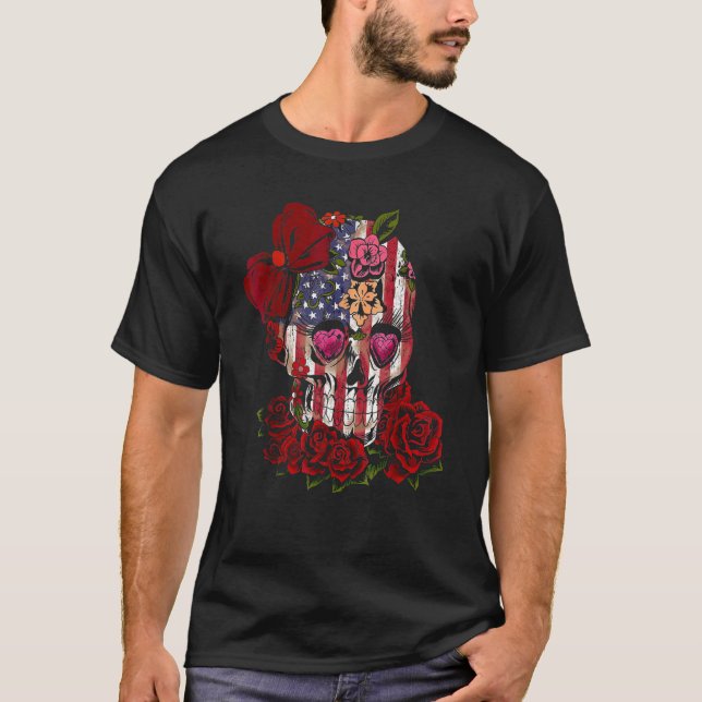 American Flag Skull Wear Bow Rose Flowers T-Shirt (Front)