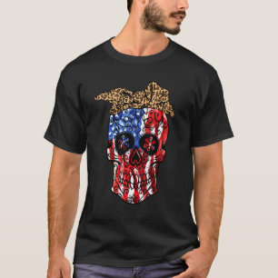 American Flag Skull With Leopard Headband 4th July T-Shirt