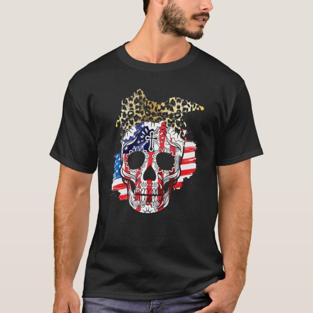 American Flag Skull With Leopard Headband 4th Of J T-Shirt (Front)