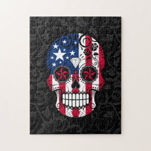 American Flag Sugar Skull with Roses Jigsaw Puzzle