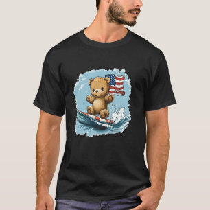 American Flag Surfboard and Teddy Bear in Action C T-Shirt