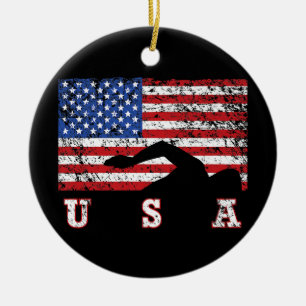 American Flag Swimming USA Gift Swim Team Premium Ceramic Ornament