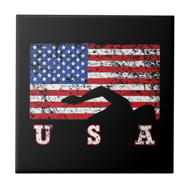 American Flag Swimming USA Gift Swim Team Premium Ceramic Tile (Front)