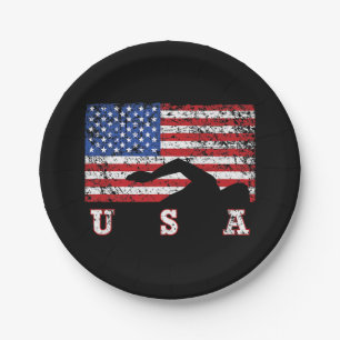 American Flag Swimming USA Gift Swim Team Premium Paper Plate