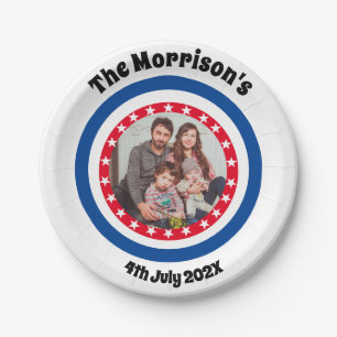 American Flag Theme Family Photo Name Red and Blue Paper Plate