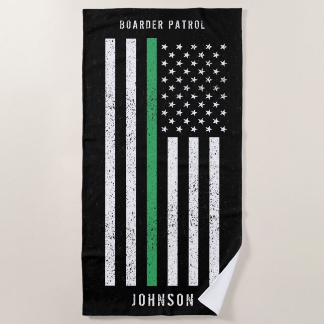 American Flag Thin Green Line Distressed Name Beach Towel (Front)