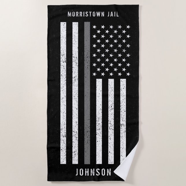 American Flag Thin Grey Line Distressed Name Beach Towel (Front)