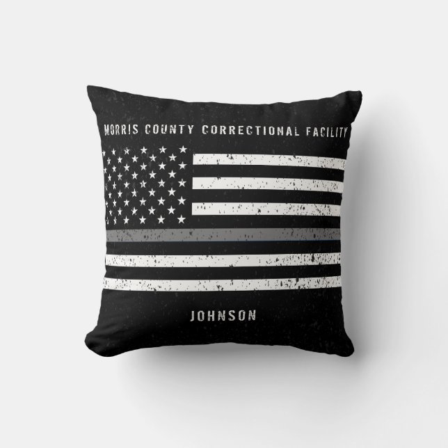 American Flag Thin Grey Line Distressed Name Cushion (Front)