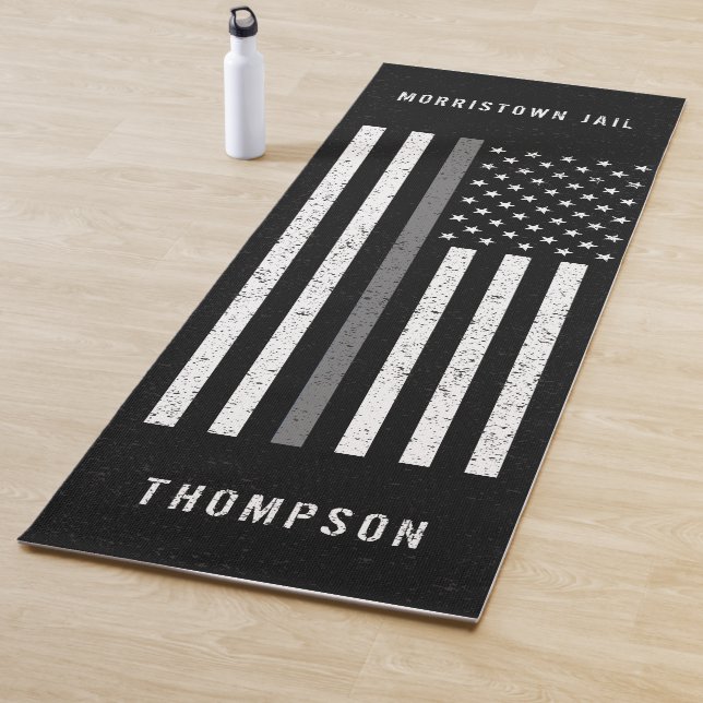 American Flag Thin Grey Line Distressed Name Yoga Mat (In Situ)