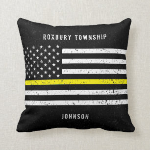 American Flag Thin Yellow Line Distressed Name Cushion