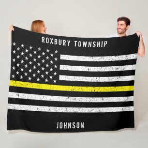 American Flag Thin Yellow Line Distressed Name Fleece Blanket