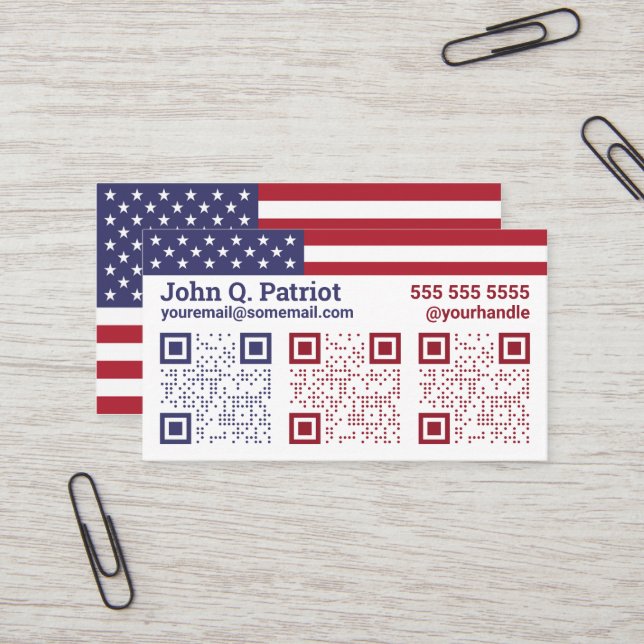 American Flag Triple QR Code Business Card (Front/Back In Situ)