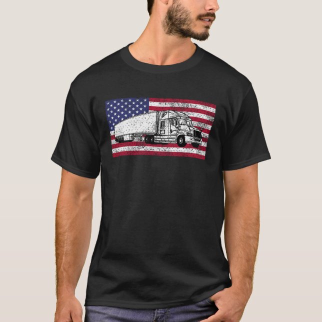 American Flag Truck Driver Distressed Big Rig T-Shirt (Front)