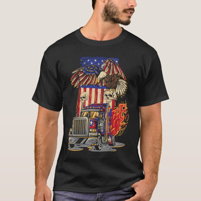 American Flag Truck Driver Trucker 4th of July Eag T-Shirt (Front)