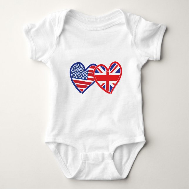 American Flag/Union Jack Flag Hearts Baby Bodysuit (Front)