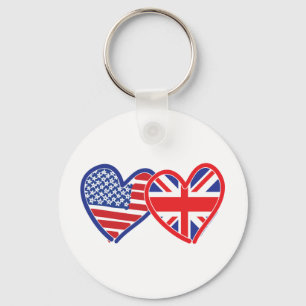 American Flag/Union Jack Flag Hearts Key Ring