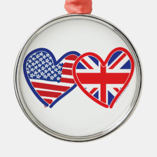 American Flag Union Jack Flag Hearts Metal Ornament