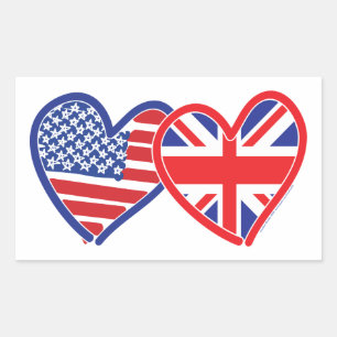 American Flag Union Jack Flag Hearts Rectangular Sticker