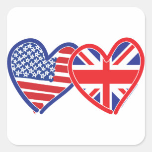 American Flag Union Jack Flag Hearts Square Sticker