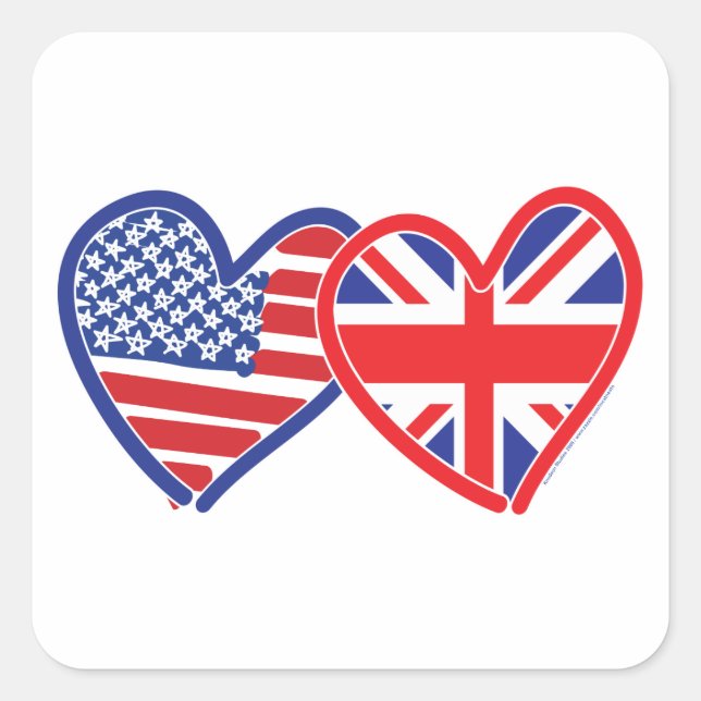 American Flag/Union Jack Flag Hearts Square Sticker (Front)