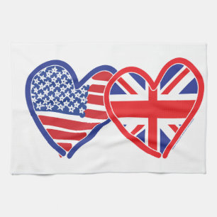 American Flag Union Jack Flag Hearts Tea Towel