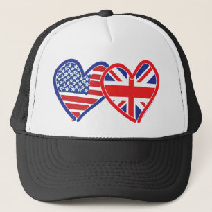 American Flag/Union Jack Flag Hearts Trucker Hat