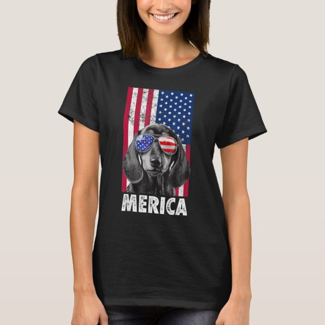American Flag Usa 4th Of July Dachshund Doxie Ween T-Shirt (Front)