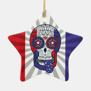 American Flag USA Colours Patriotic Sugar Skull Ceramic Tree Decoration