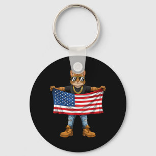 American Flag USA Red White Blue Patriotic Cat 4th Key Ring
