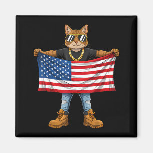 American Flag USA Red White Blue Patriotic Cat 4th Magnet