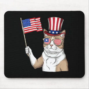 American Flag USA Red White Blue Patriotic Cat 4th Mouse Pad