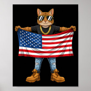 American Flag USA Red White Blue Patriotic Cat 4th Poster