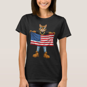 American Flag USA Red White Blue Patriotic Cat 4th T-Shirt