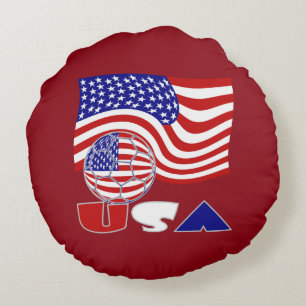American Flag USA Soccer Ball Red Background Round Cushion