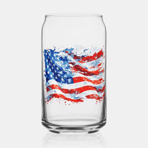 American Flag USA Watercolor 4th of July Can Glass