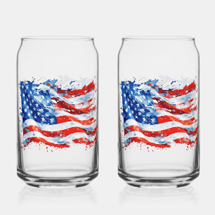 American Flag USA Watercolor 4th of July Can Glass