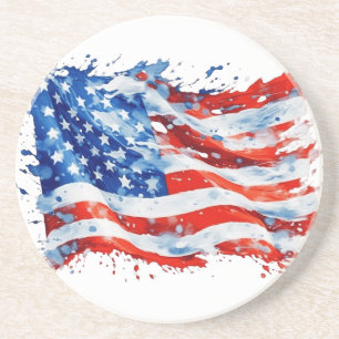 American Flag USA Watercolor 4th of July Coaster