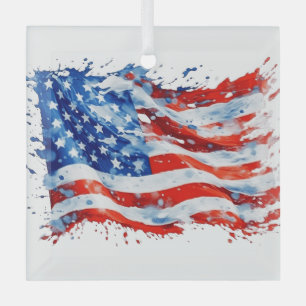 American Flag USA Watercolor 4th of July Glass Tree Decoration